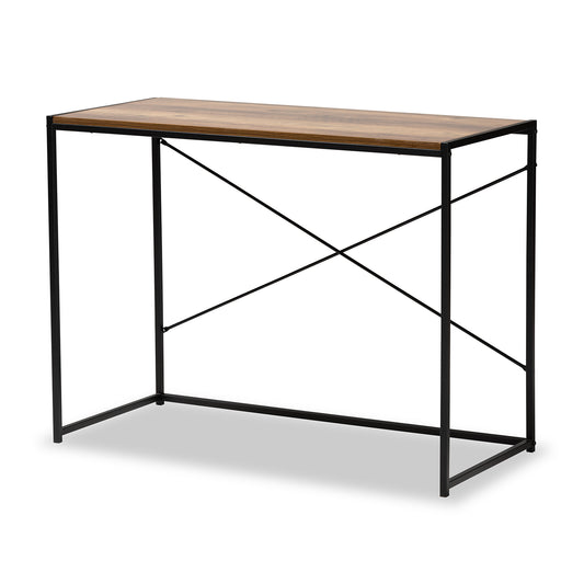 Pauric Modern Industrial Desk Walnut Brown Wood with Black Metal Frame for Home Office or Workspace