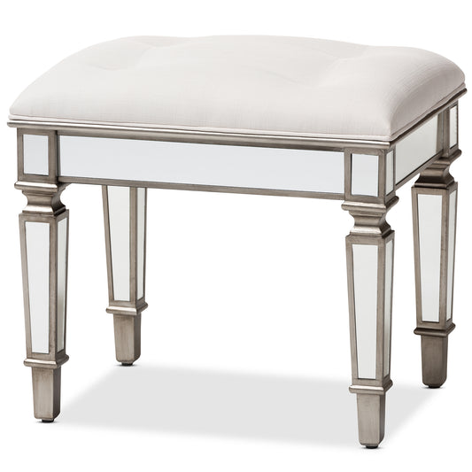 Marielle Off White Fabric Upholstered Ottoman Vanity Bench in Glam Hollywood Regency Style with Mirrored Accents