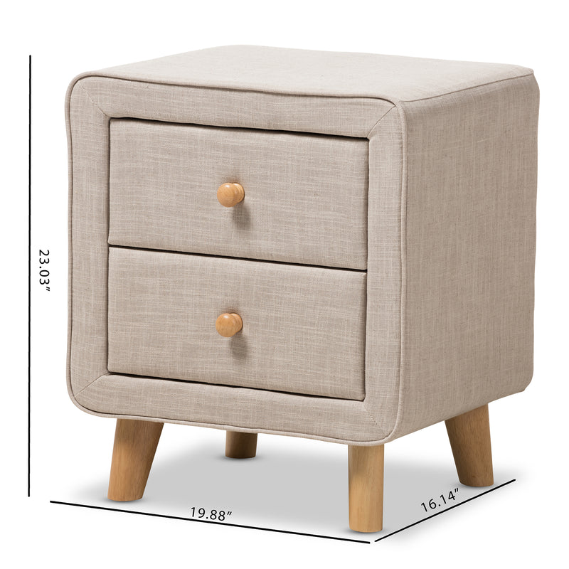 Jonesy Nightstand - Mid-Century Beige Linen Upholstered 2-Drawer