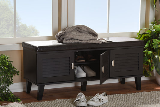 Sheffield Entryway Storage Bench Modern 3-Door Dark Brown Wood Shoe Rack Cabinet Organizer with Cushioned Seating