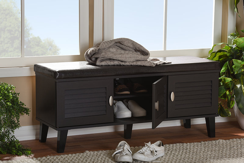 Sheffield Entryway Storage Bench Modern 3-Door Dark Brown Wood Shoe Rack Cabinet Organizer with Cushioned Seating