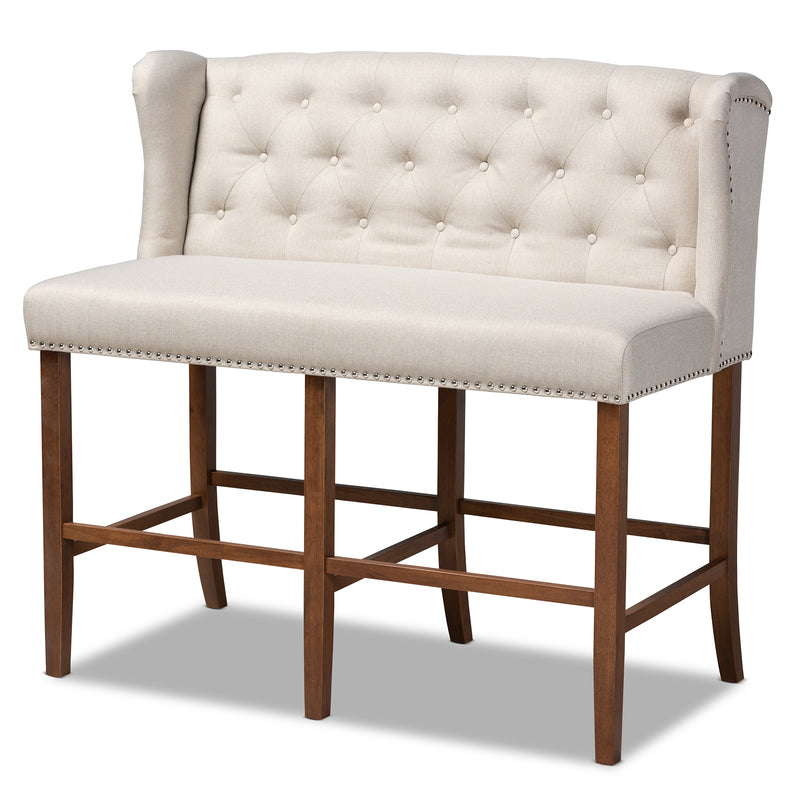 Alira Bar Stool Modern and Contemporary Beige Fabric Upholstered Walnut Finished Wood Button Tufted