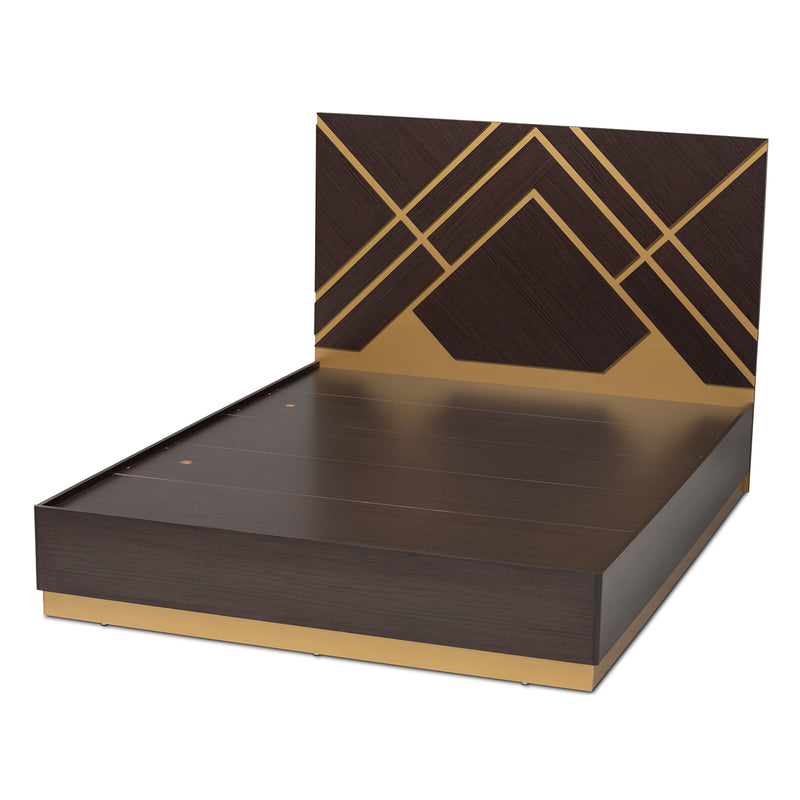 Arcelia Queen Size Platform Bed Contemporary Glam Luxe Design Two-Tone Dark Brown Gold Finished Wood