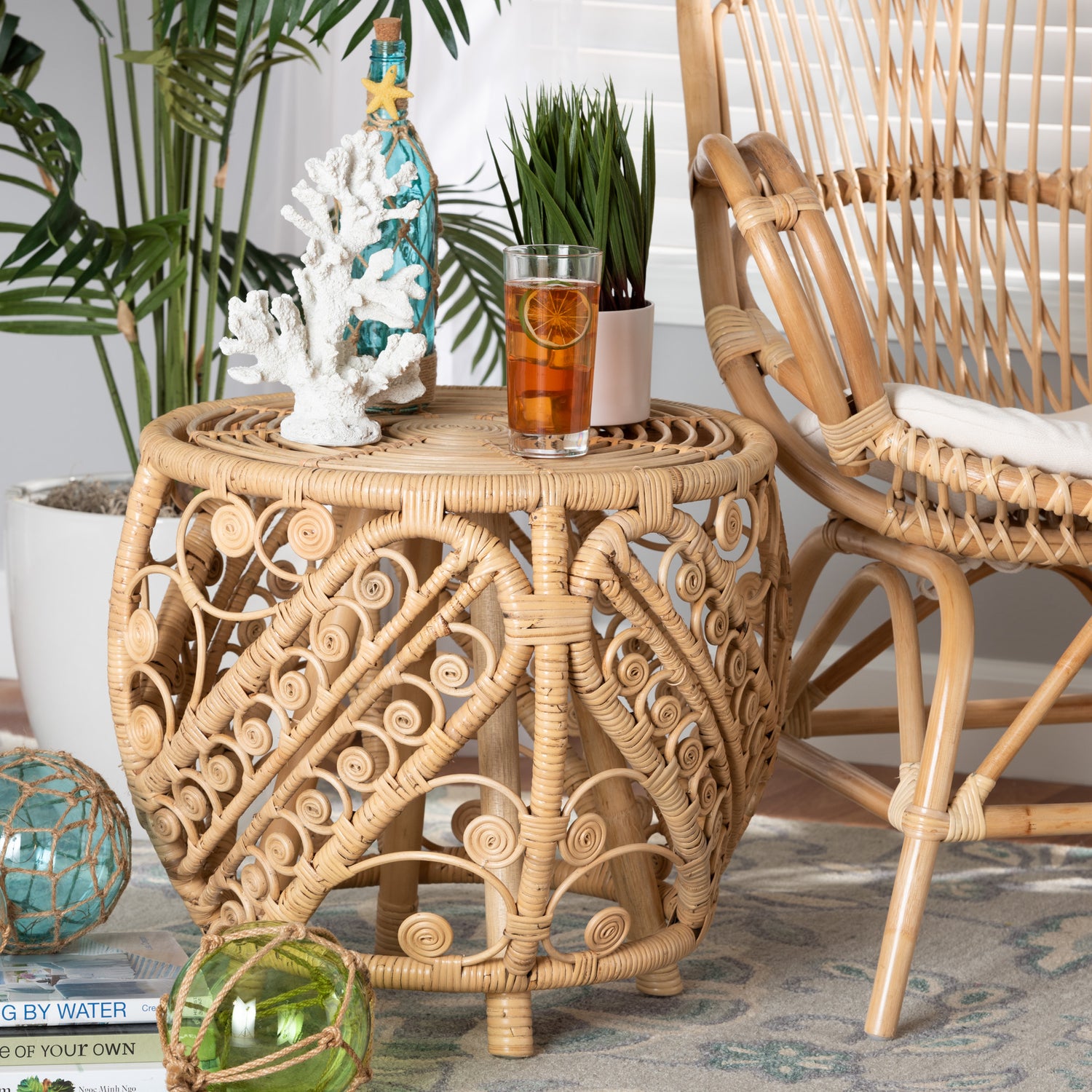 Saranna Rattan End Table Modern Bohemian Style Natural Brown Finish