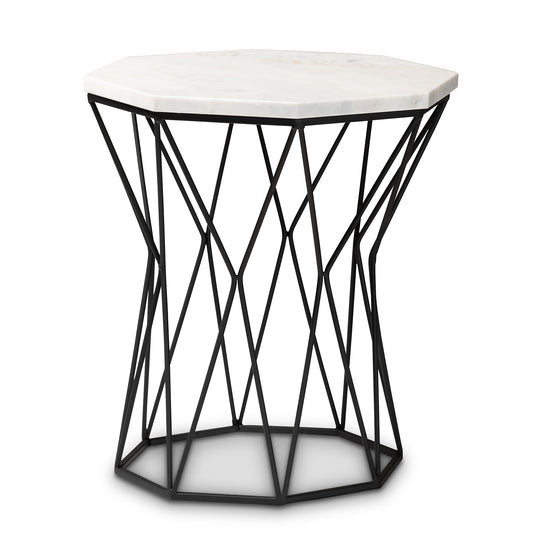 Venedict Modern Black Metal End Table with Elegant Marble Top for Contemporary Spaces