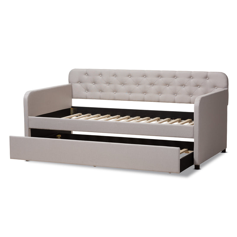 Camelia Sofa Daybed - Modern and Contemporary Beige Fabric Upholstered Button-Tufted with Roll-Out Trundle Guest Bed