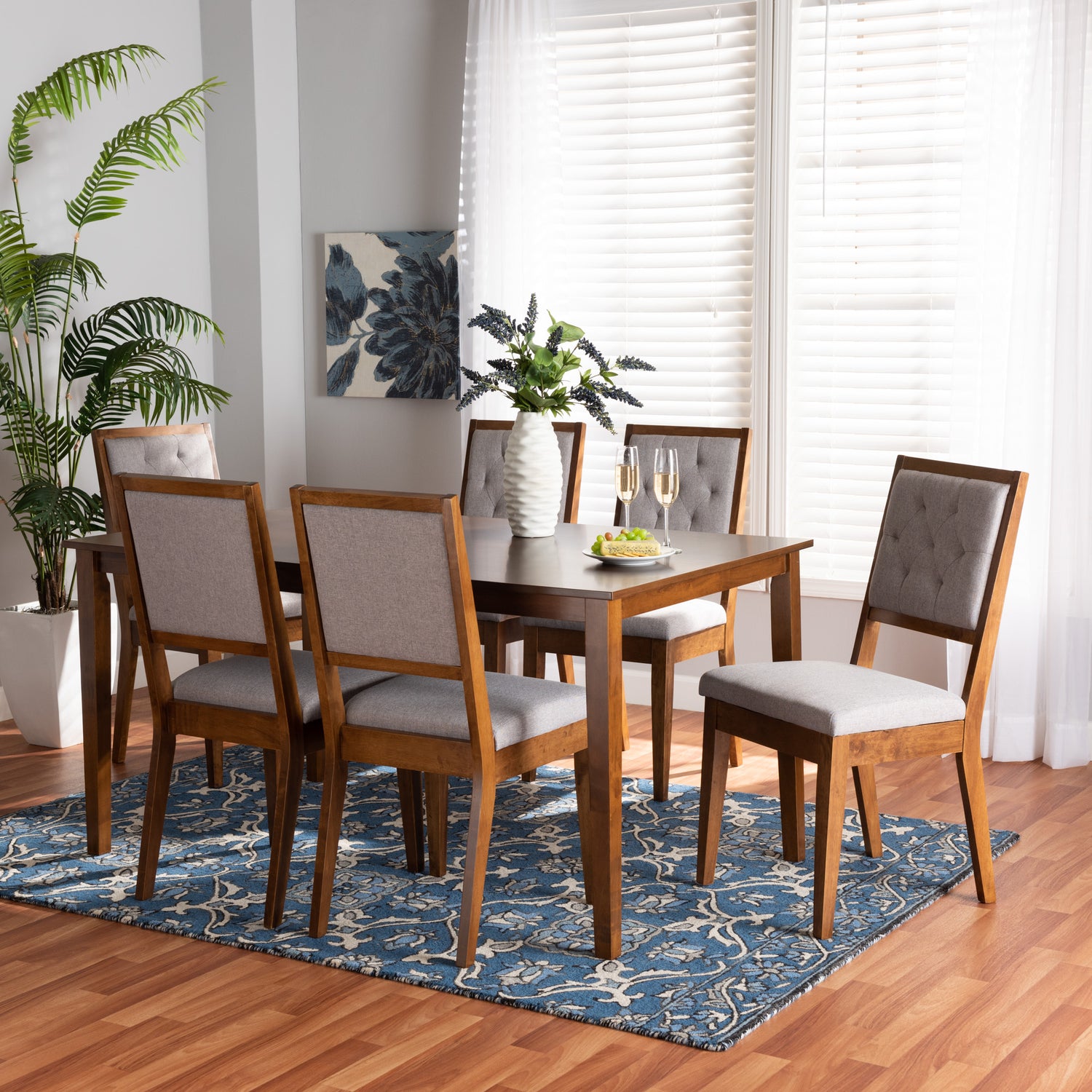 Suvi Dining Set Modern Contemporary Grey Fabric Upholstered Walnut Brown Finished Wood 7-Piece