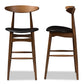 Flora Bar Stool Set of 2 Mid-Century Modern Black Faux Leather Upholstered with Walnut Finish