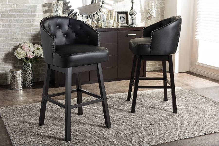 Avril Barstool Modern and Contemporary Black Faux Leather Tufted Swivel with Nail Head Trim Set of 2