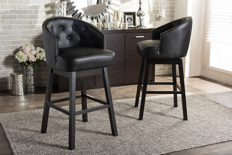 Avril Barstool Modern and Contemporary Black Faux Leather Tufted Swivel with Nail Head Trim Set of 2