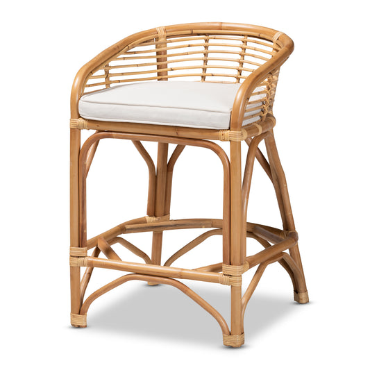 Maverick Counter Stool Modern Bohemian Design with White Fabric Upholstery and Natural Brown Rattan Accents for Stylish Kitchen Seating