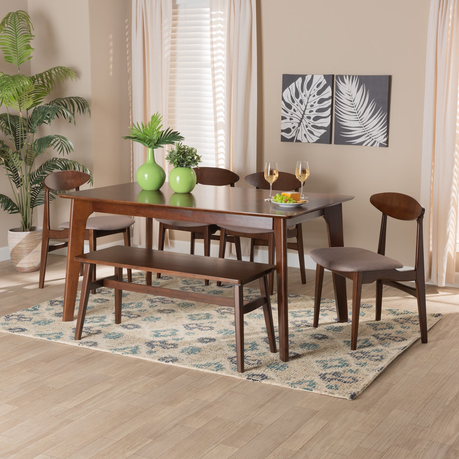 Daria Dining Set Mid-Century Modern 6-Piece Collection in Warm Grey Fabric and Dark Brown Wood Finish