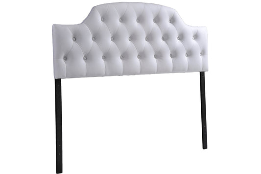 Morris Queen Size Headboard Modern Contemporary White Faux Leather Upholstered Design with Button-Tufted Scalloped Detail