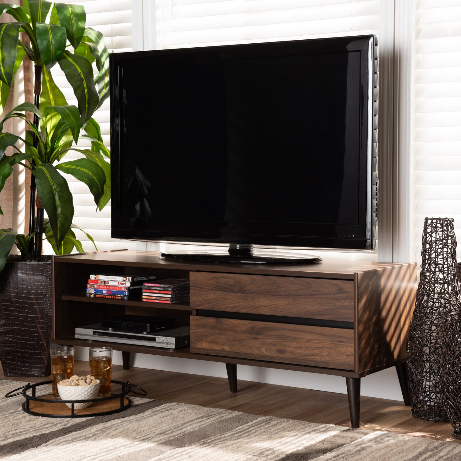 Suli Mid-Century Modern TV Stand Walnut Brown Wood with Storage and Stylish Design