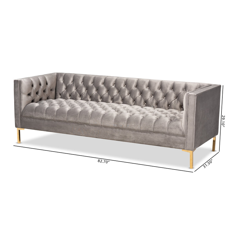 Zanetta Glam Gray Velvet Sofa with Luxe Gold Finish