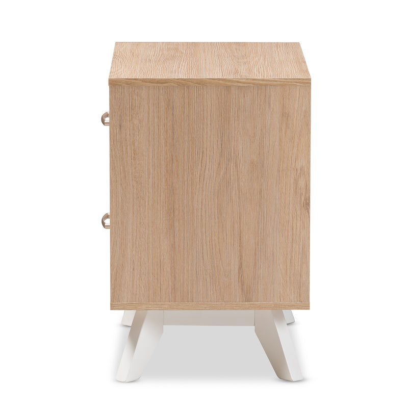 Helena Nightstand Mid-Century Modern Natural Oak and Whitewashed Wood 2-Drawer Design for Stylish Bedroom Storage