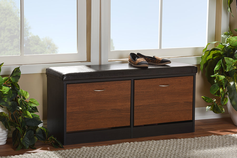 Foley Entryway Storage Bench Modern 2-Tone Dark Brown and Oak Shoe Rack Cabinet Organizer with Cushioned Seating