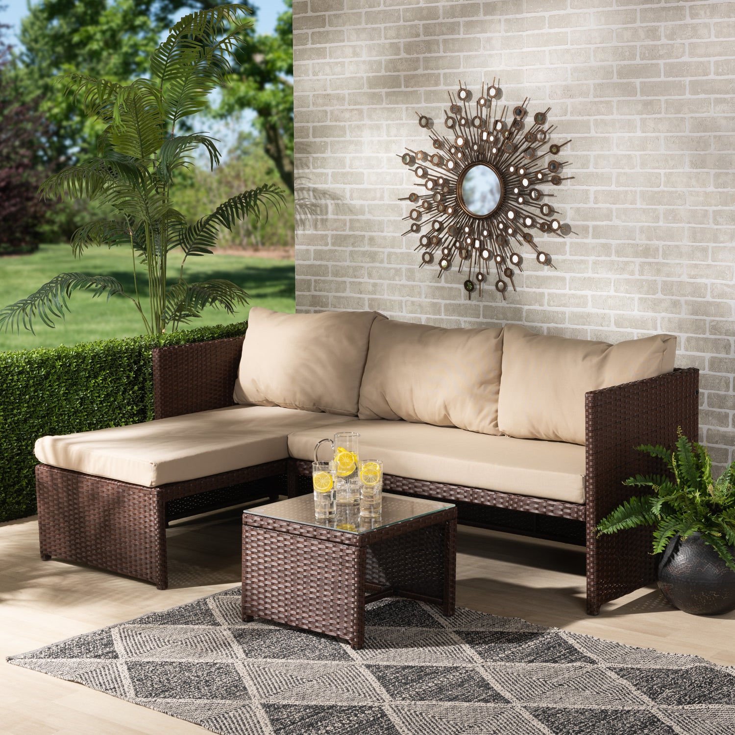 Carlton Outdoor Patio Lounge Set - Modern 3-Piece Design with Sand Fabric Upholstery and Brown Woven PE Rattan