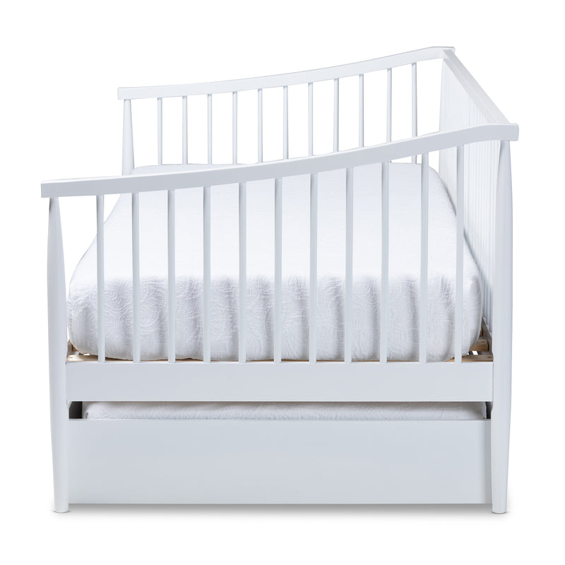 Renata Twin Size Spindle Daybed with Trundle Classic White Wood Design for Versatile Sleeping and Seating Solutions