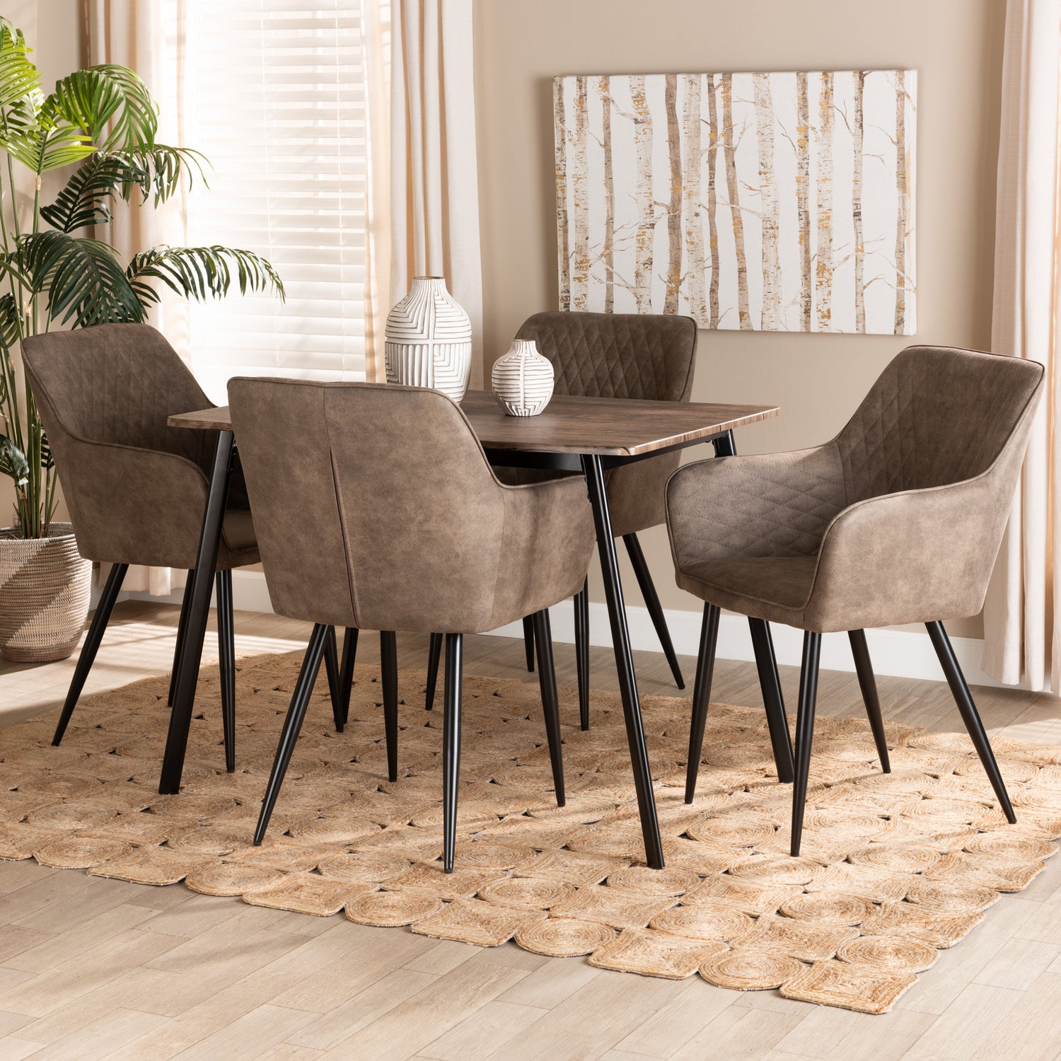 Belen 5-Piece Dining Set Modern Transitional Grey Faux Leather Upholstered Chairs with Black Metal Frame