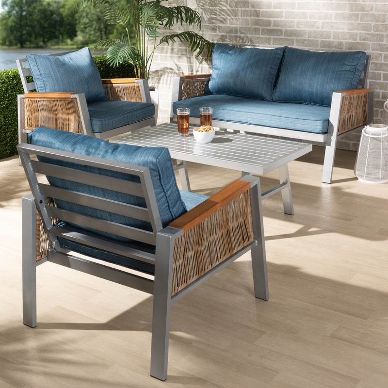 Nicholson Outdoor Patio Lounge Set Modern 4-Piece Design with Blue Fabric Upholstery, Grey Metal Frame, and Brown PE Rattan