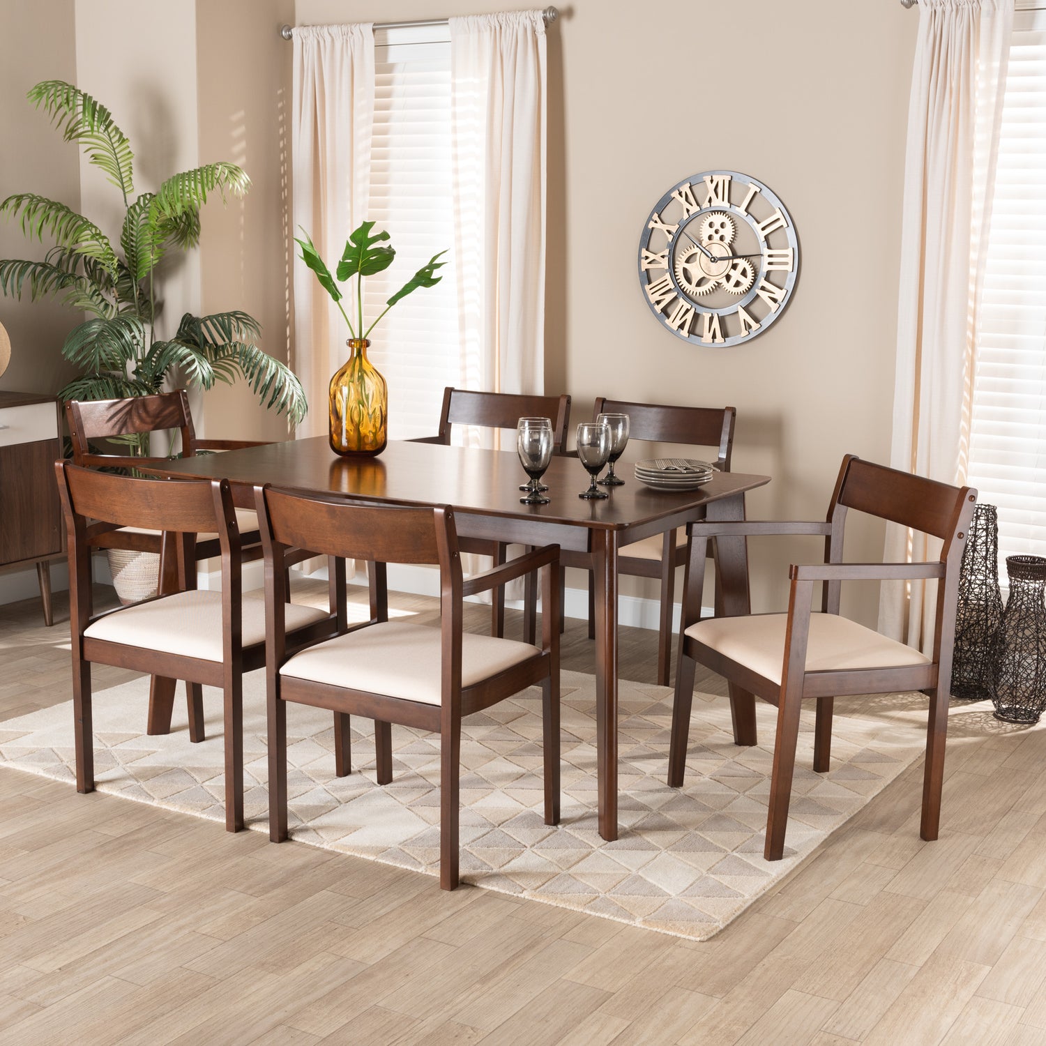 Helene Mid-Century Modern Dining Set 7-Piece Cream Fabric and Dark Brown Finished Wood for Stylish Dining Rooms