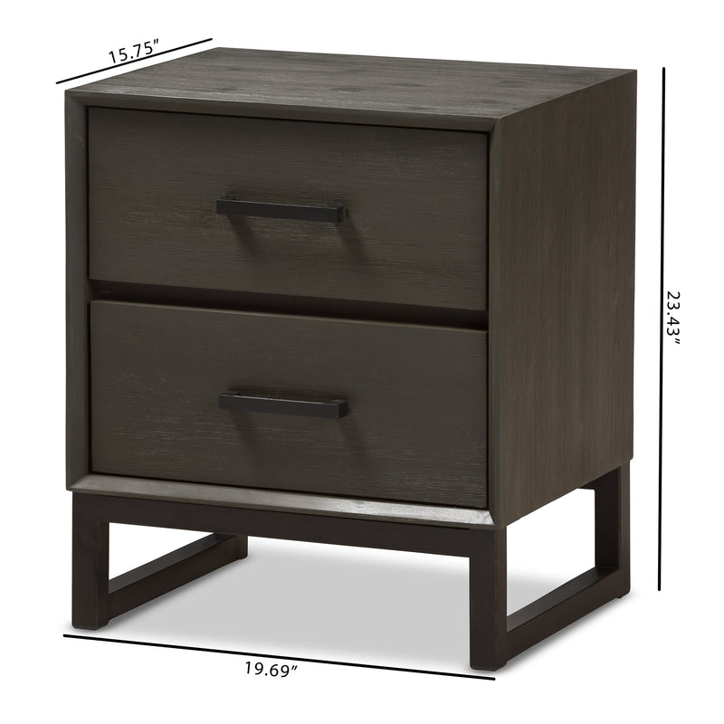 Parris Nightstand Rustic Grey Wood and Black Metal 2-Drawer Bedroom Furniture with Modern Design