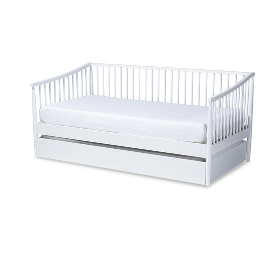 Renata Twin Size Spindle Daybed with Trundle Classic White Wood Design for Versatile Sleeping and Seating Solutions