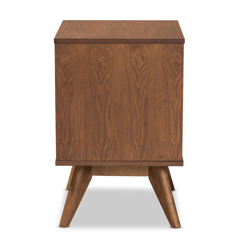 Barrett Mid-Century Modern Nightstand Walnut Brown Wood with Synthetic Rattan Featuring 2 Drawers for Stylish Storage