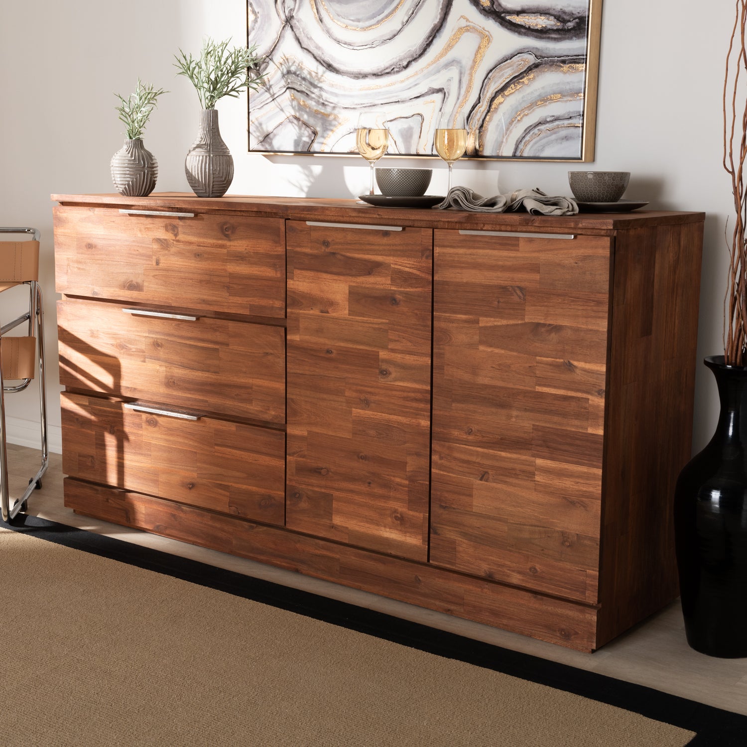 Austin Modern Contemporary Sideboard Caramel Brown Finished 3-Drawer Wood Dining Room Storage Cabinet