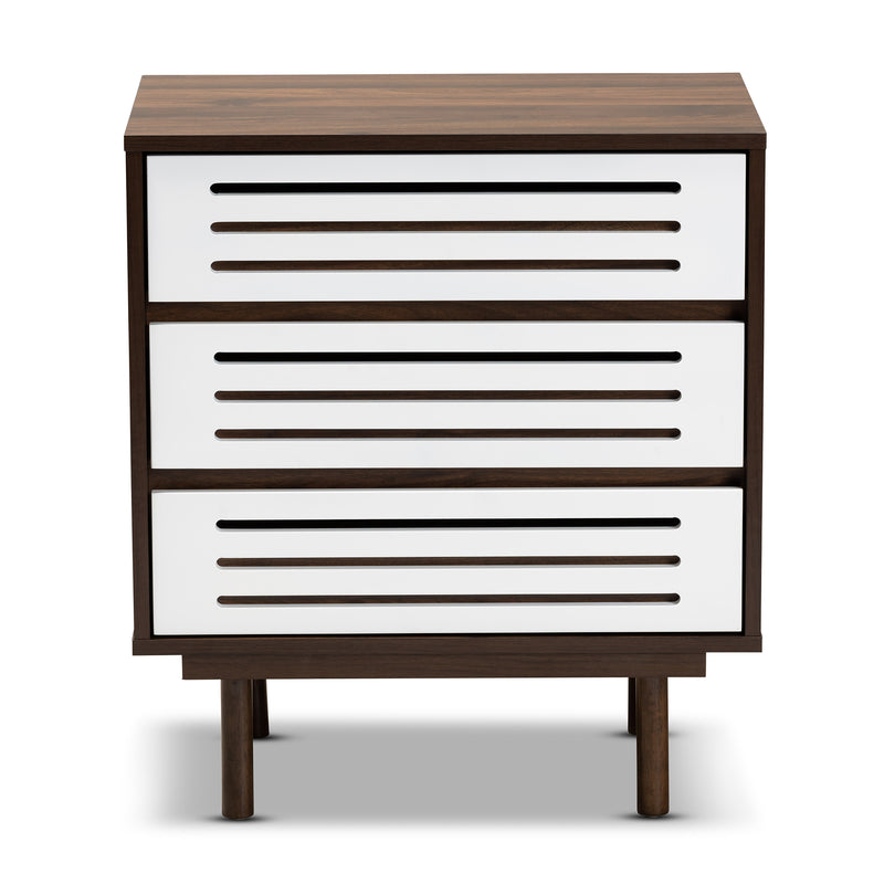 Meike Mid-Century Modern Nightstand - Two-Tone Walnut Brown and White Wood with 3 Drawers for Stylish Bedroom Storage