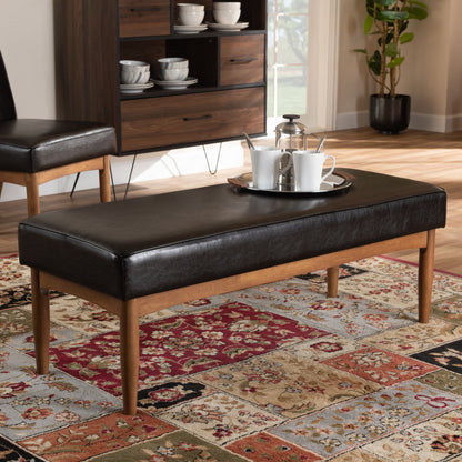 Arvid Dining Bench Mid-Century Modern Dark Brown Faux Leather Upholstered Wood