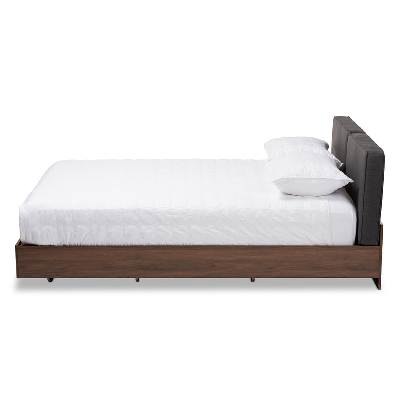 Iselin Queen-Sized Storage Platform Bed - Mid-Century Modern with Brown Finish and Dark Grey Fabric Upholstery