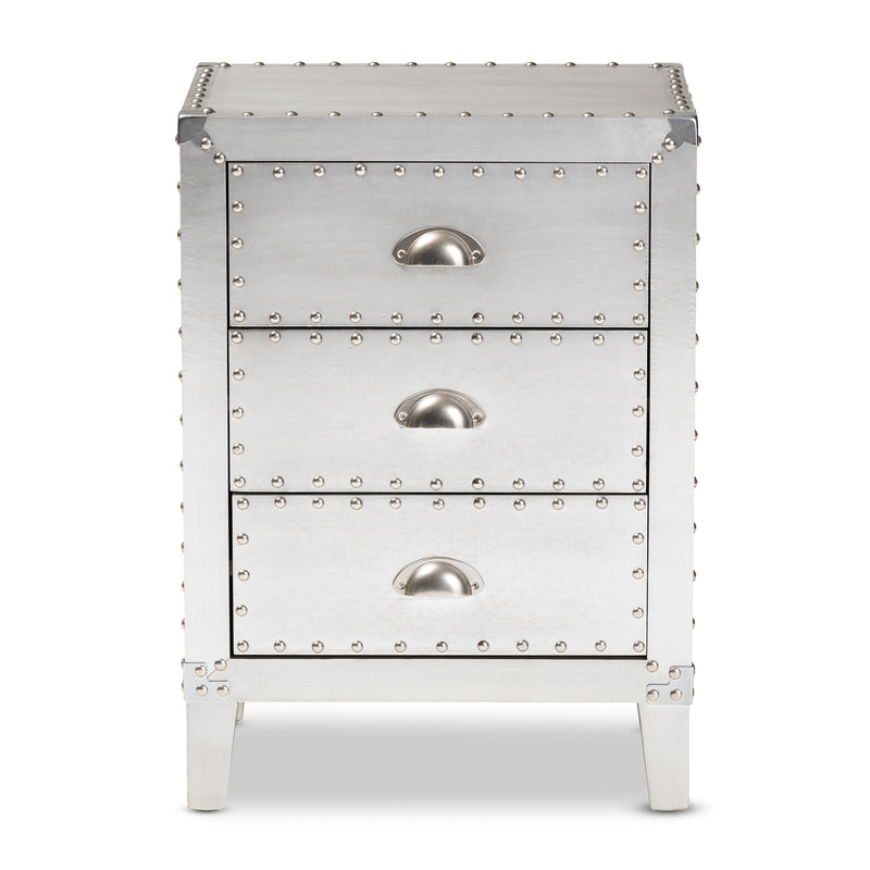 Claude French Industrial End Table with 3 Drawers in Silver Finish