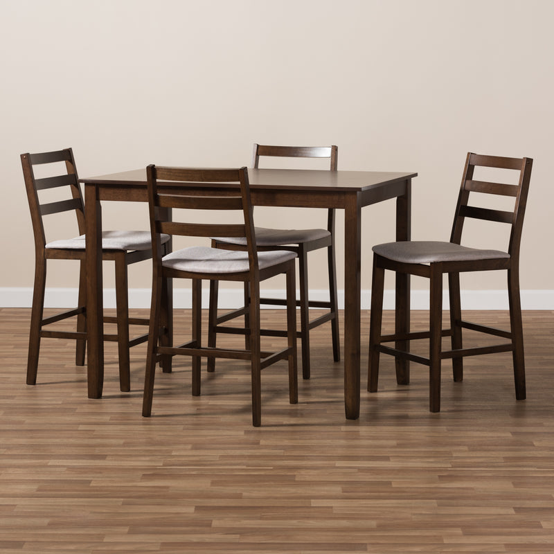 Nadine Pub Set Modern 5-Piece Dining Set with Walnut Finish and Light Grey Fabric Upholstery