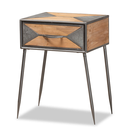 Laurel End Table Rustic Industrial Design with Antique Grey Metal and Whitewashed Oak Wood Featuring 1 Storage Drawer