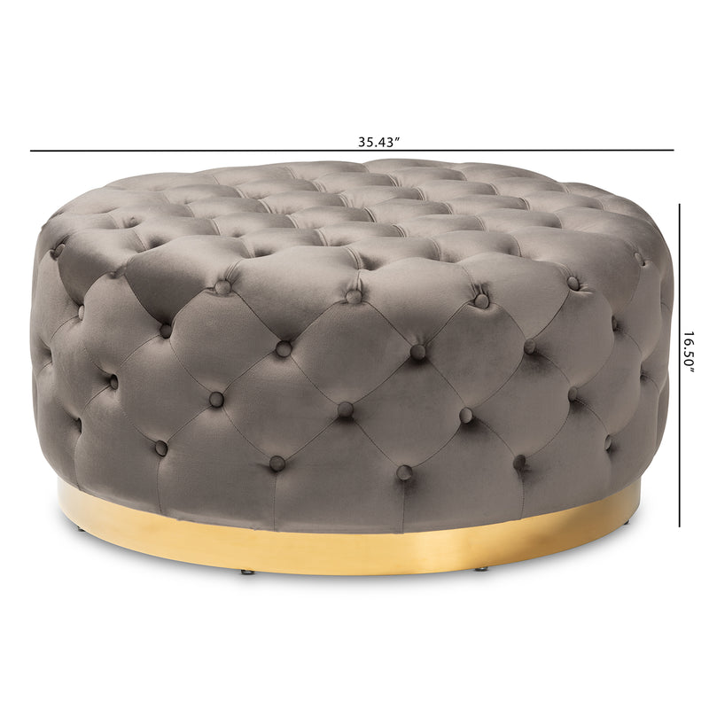 Sasha Glam Ottoman Grey Velvet Fabric Upholstered Gold Finished Round Cocktail