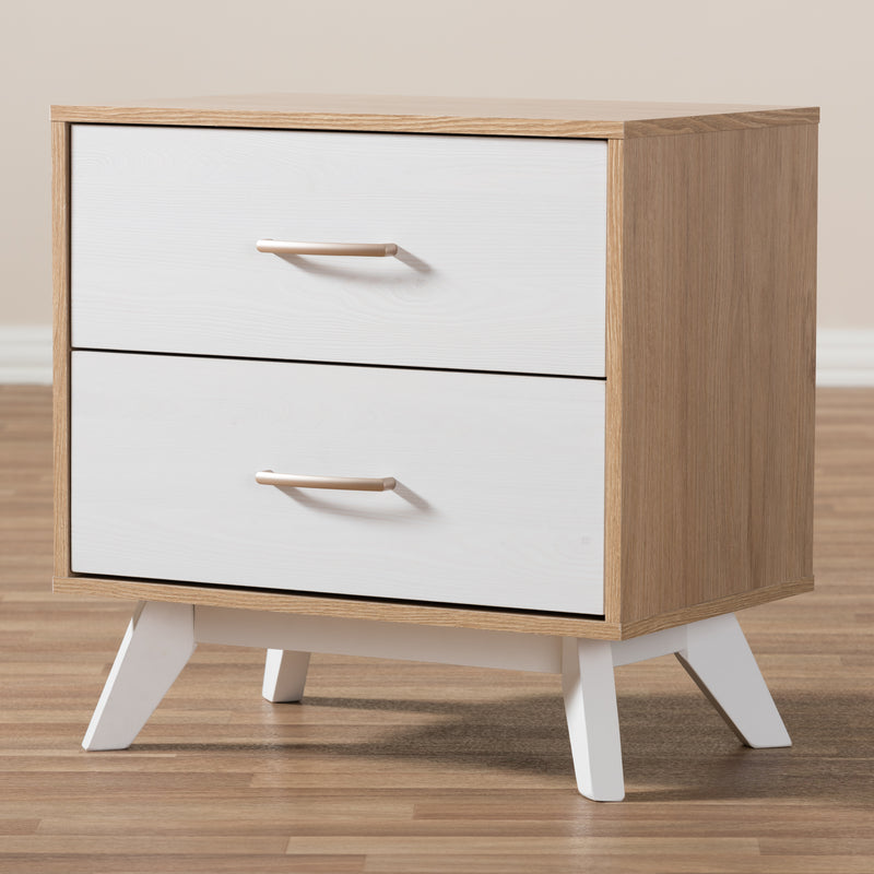 Helena Nightstand Mid-Century Modern Natural Oak and Whitewashed Wood 2-Drawer Design for Stylish Bedroom Storage