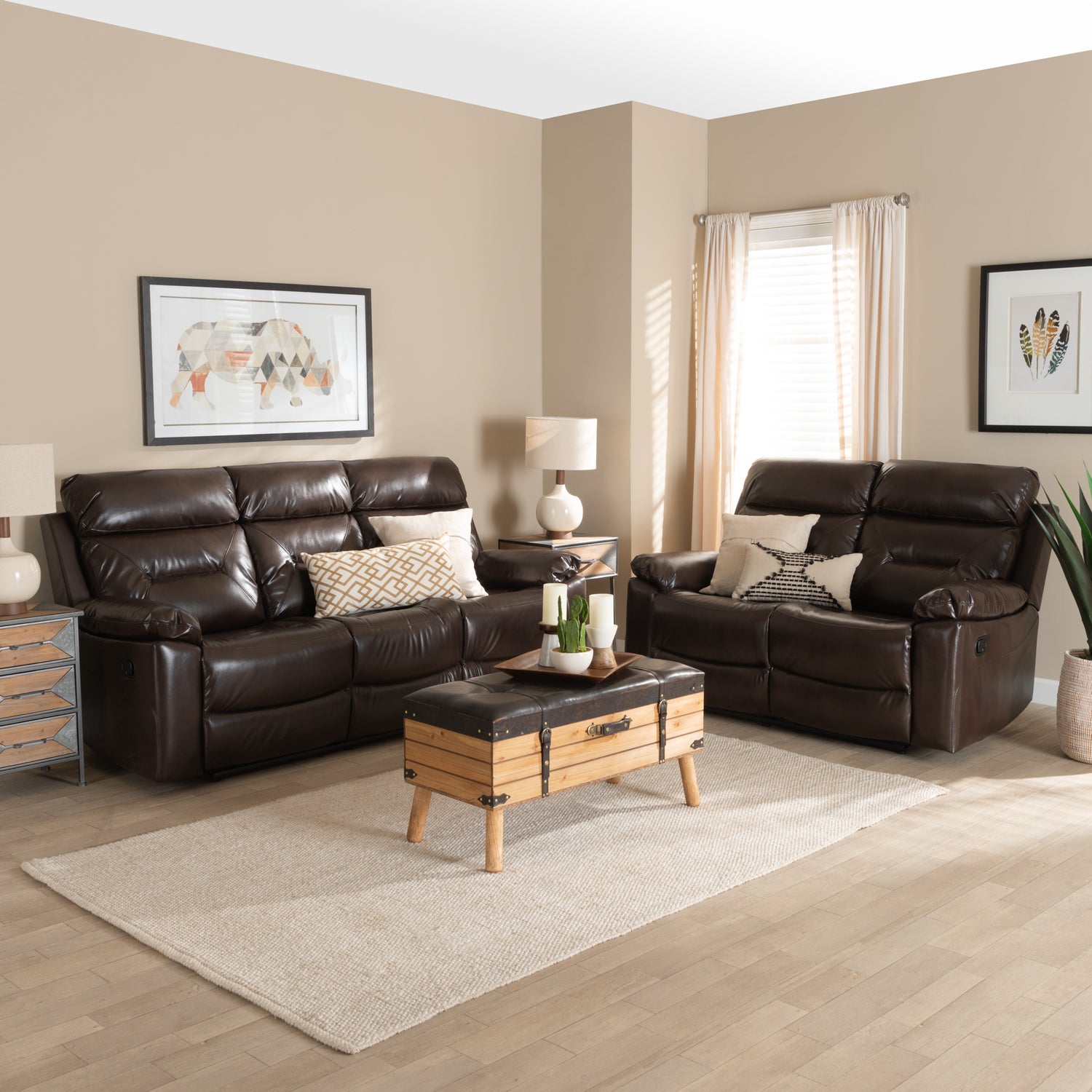 Byron Reclining Living Room Set Modern Dark Brown Faux Leather Upholstered 2-Piece Sofa and Loveseat Collection