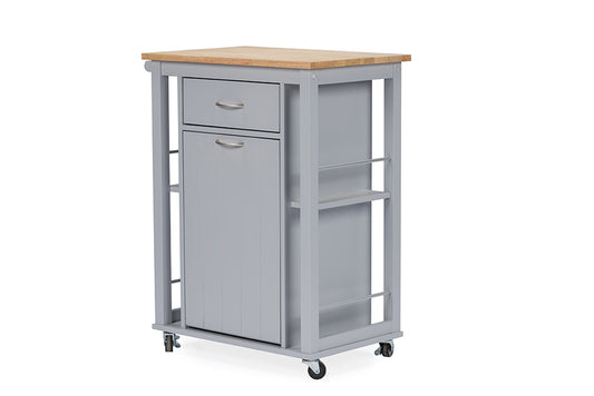 Yonkers Kitchen Cart Contemporary Light Grey Design with Wood Top for Stylish Storage and Mobility