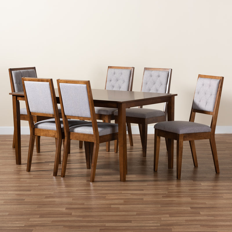 Suvi Dining Set Modern Contemporary Grey Fabric Upholstered Walnut Brown Finished Wood 7-Piece