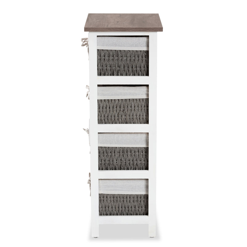 Terena Storage Unit - Modern Two-Tone Walnut Brown and White Wood with 4 Baskets for Organized Living and Stylish Décor