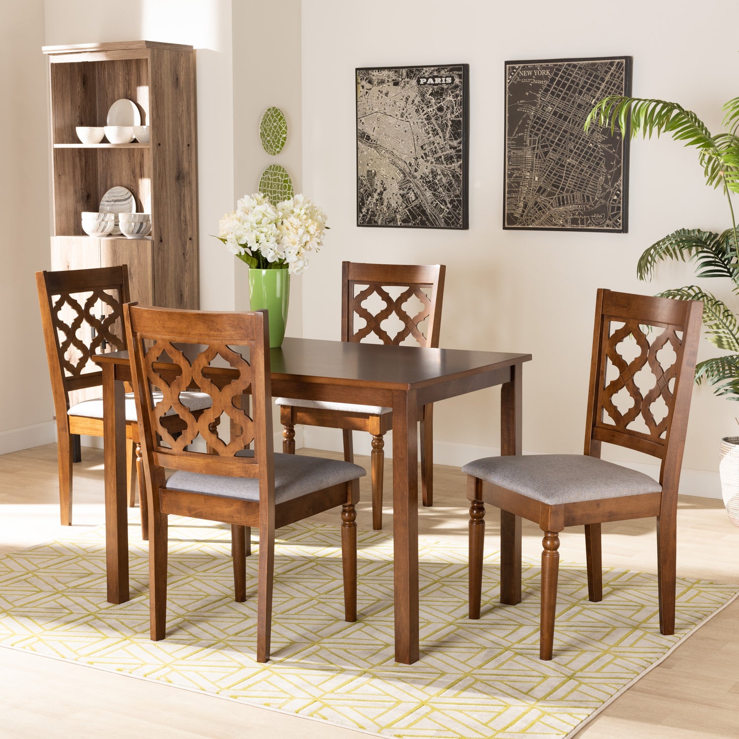 Ramiro Dining Set Modern Contemporary Grey Fabric Upholstered Walnut Brown Finished Wood 5-Piece