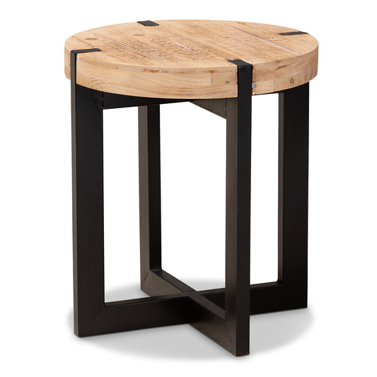 Horace End Table Rustic Industrial Design with Natural Brown Wood and Black Metal Accents