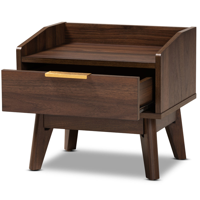 Lena Mid-Century Modern Nightstand Walnut Brown Finished 1-Drawer Wood Bedside Table with Stylish Design and Functional Storage