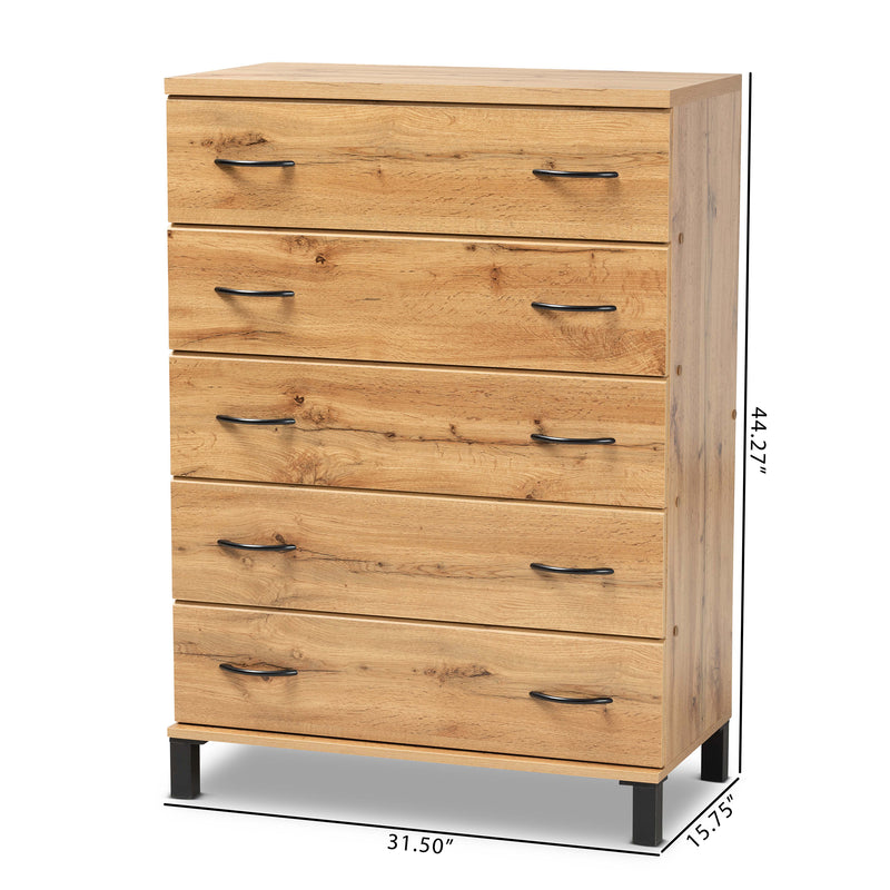 Maison 5-Drawer Storage Chest in Modern Oak Brown Finished Wood for Stylish Organization and Space-Saving Solutions