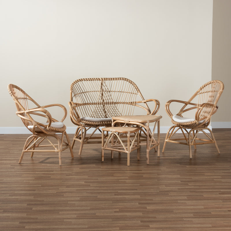 Jayden Living Room Set Modern Bohemian 5-Piece Collection with White Fabric Upholstery and Natural Brown Rattan Finish