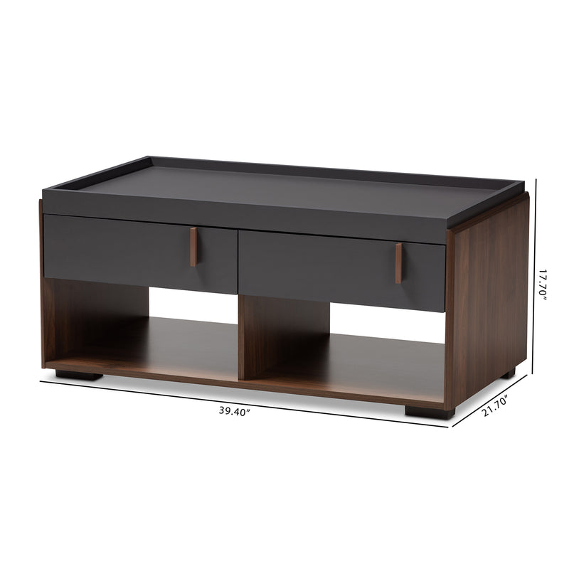 Rikke Coffee Table - Modern Two-Tone Gray and Walnut Wood with 2 Drawers for Stylish Living Room Storage