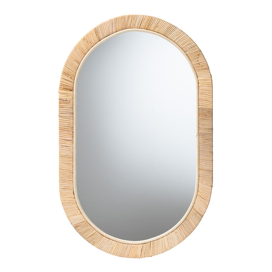 Bella Oval Mirror - Modern Bohemian Design in Natural Brown Mahogany and Rattan Finish