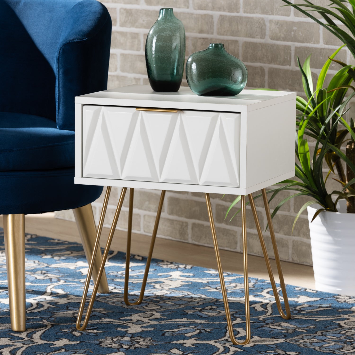 Holbrook End Table - Contemporary Glam Design with White Wood and Gold Metal, Featuring 1 Storage Drawer